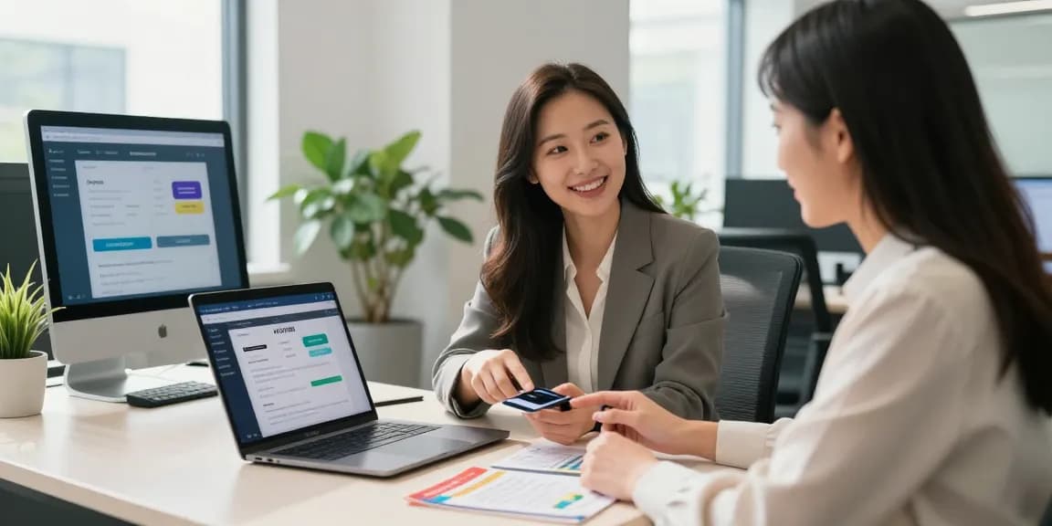 Client interacting with professional for 시카고페이 digital payment solutions in a bright office