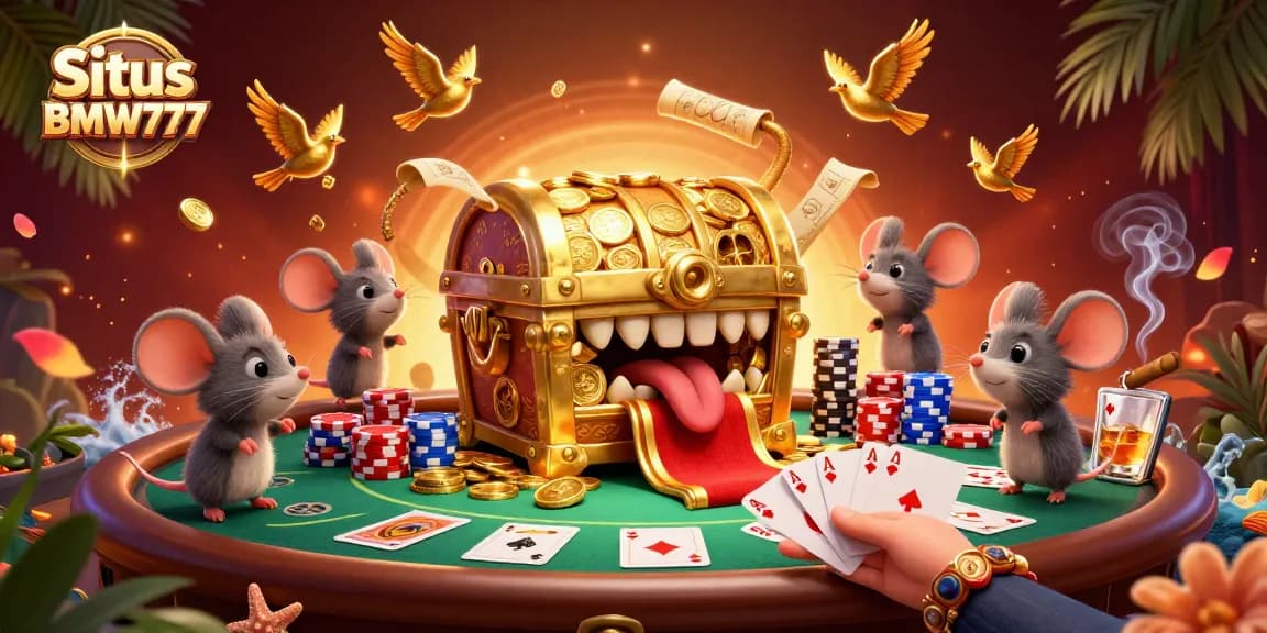 Situs BMW777 captivates players with a vibrant 3D treasure scene filled with poker elements and allure.