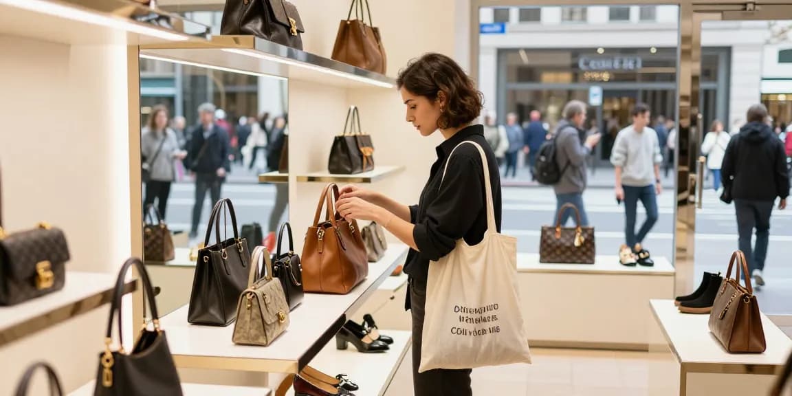 Stylish shopper examining a luxury 레플리카 handbag in an urban store.
