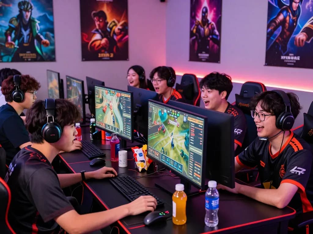 Diverse group of gamers immersed in esports betting Singapore with gaming setup and match stats