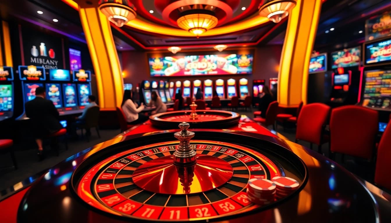 Experience a vibrant gaming atmosphere at GOD 55 featuring poker chips, a roulette wheel, and slot machines.