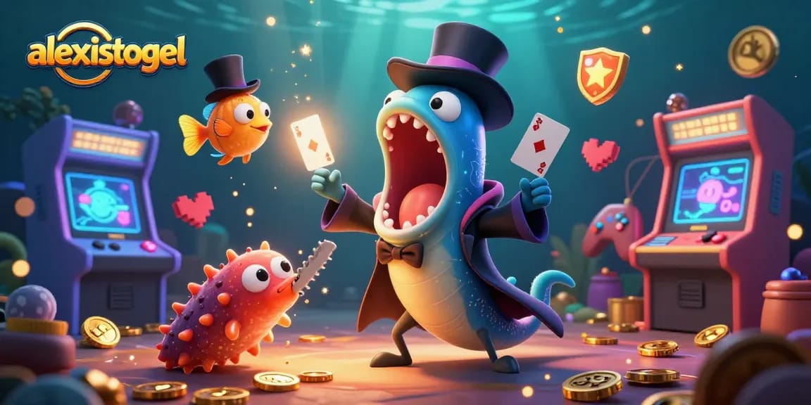 Engage with alexistogel's thrilling games as a bioluminescent eel performs magic tricks in a vibrant casino scene.