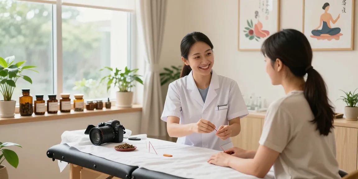 Welcoming treatment at 영통한의원 with healthcare professional and patient in serene clinic.