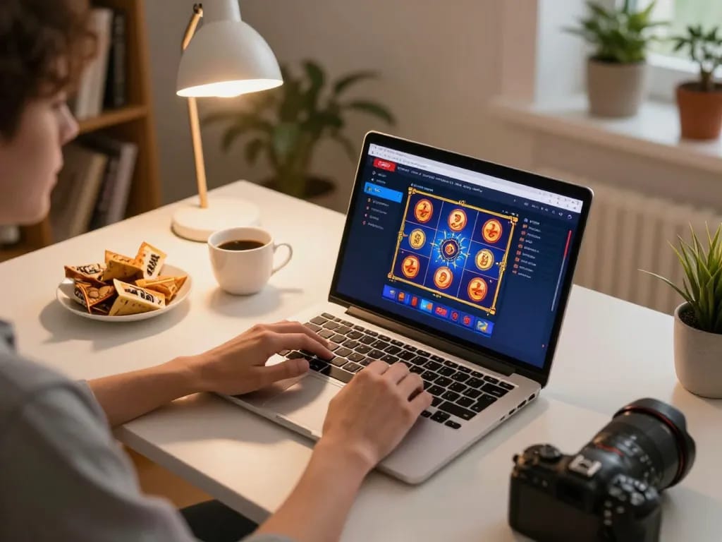 Person playing USBET online slots on a laptop, showcasing a cozy gaming setup at home.