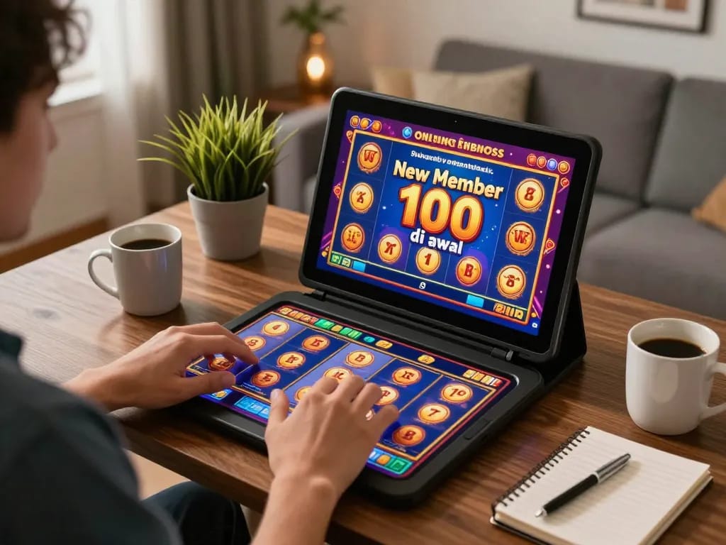 Engaging in slot games with the slot bonus new member 100 di awal at a cozy home setup, showcasing online gaming ambiance.
