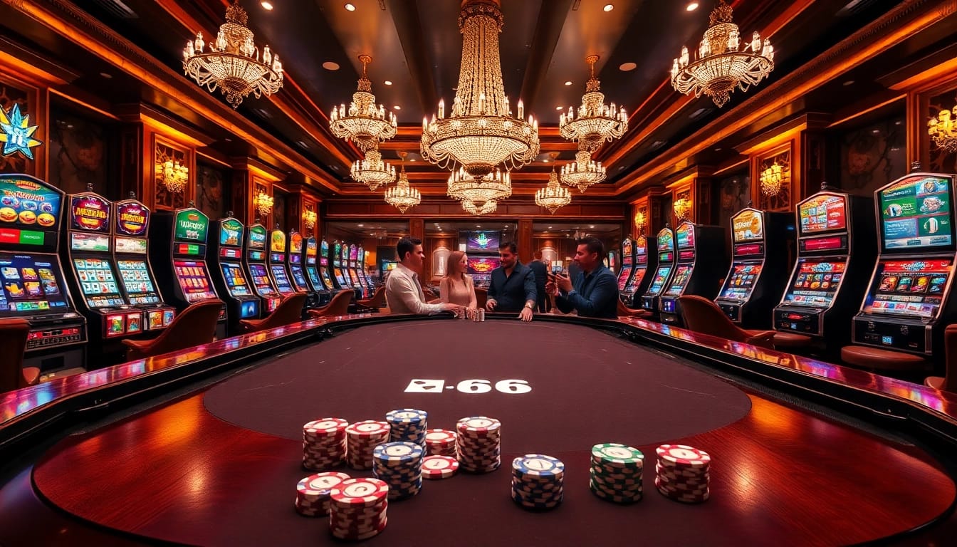 Experience high-stakes gaming with mb66 at a luxurious casino poker table filled with vibrant slot machines.