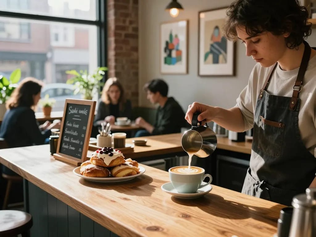 Artisan coffee preparation at cozy urban cafe featuring https://forumup.org/shop/search.php?ca_id=&addr1=&addr2=&addr3=&schKeyword= with latte art and gourmet pastries.