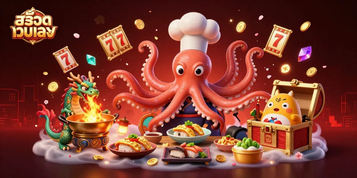 Engage withสล็อตเว็บตรง exciting slots while feeding the octopus chef and dragon in a vibrant casino.