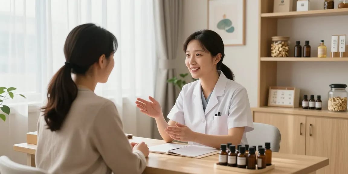 Patient consultation at 수원한의원 with traditional medicine elements in a serene environment.