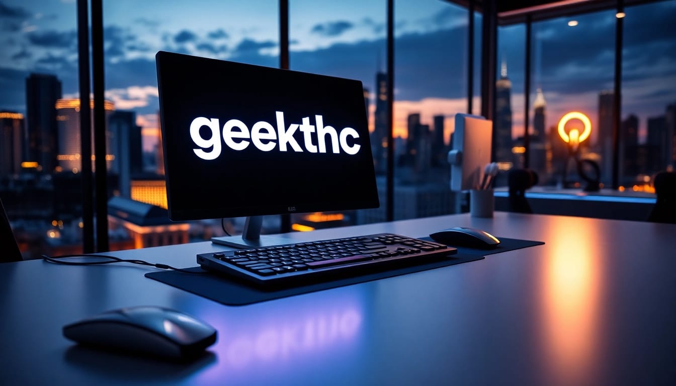 View the innovative geekthc workspace with high-tech gadgets and a vibrant skyline.