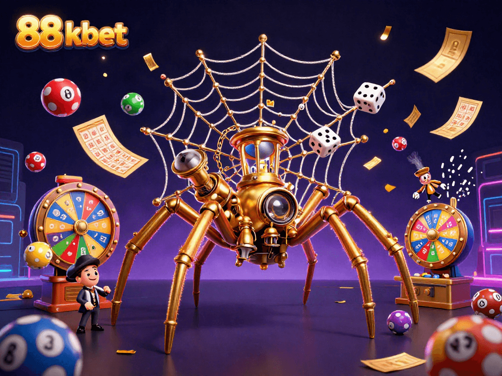 Engage with exciting moments at 88 kbet, featuring a colorful dynamic scene of winning lottery and gaming elements.