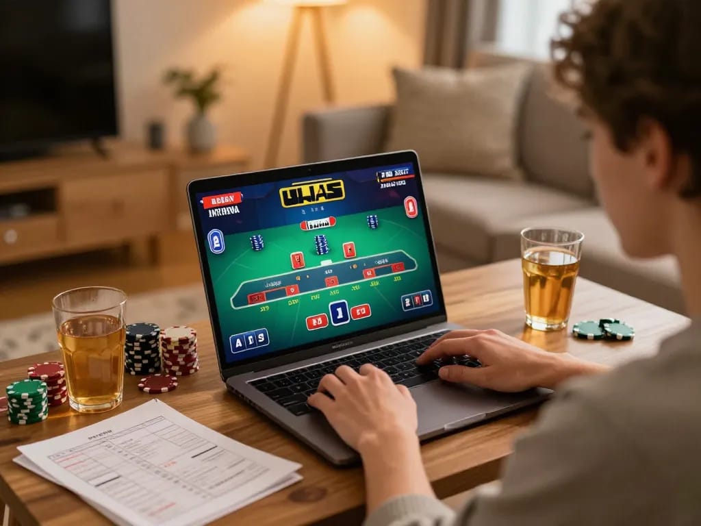 Engaging in a live blackjack game at home using bj886, highlighting an exciting online gambling experience