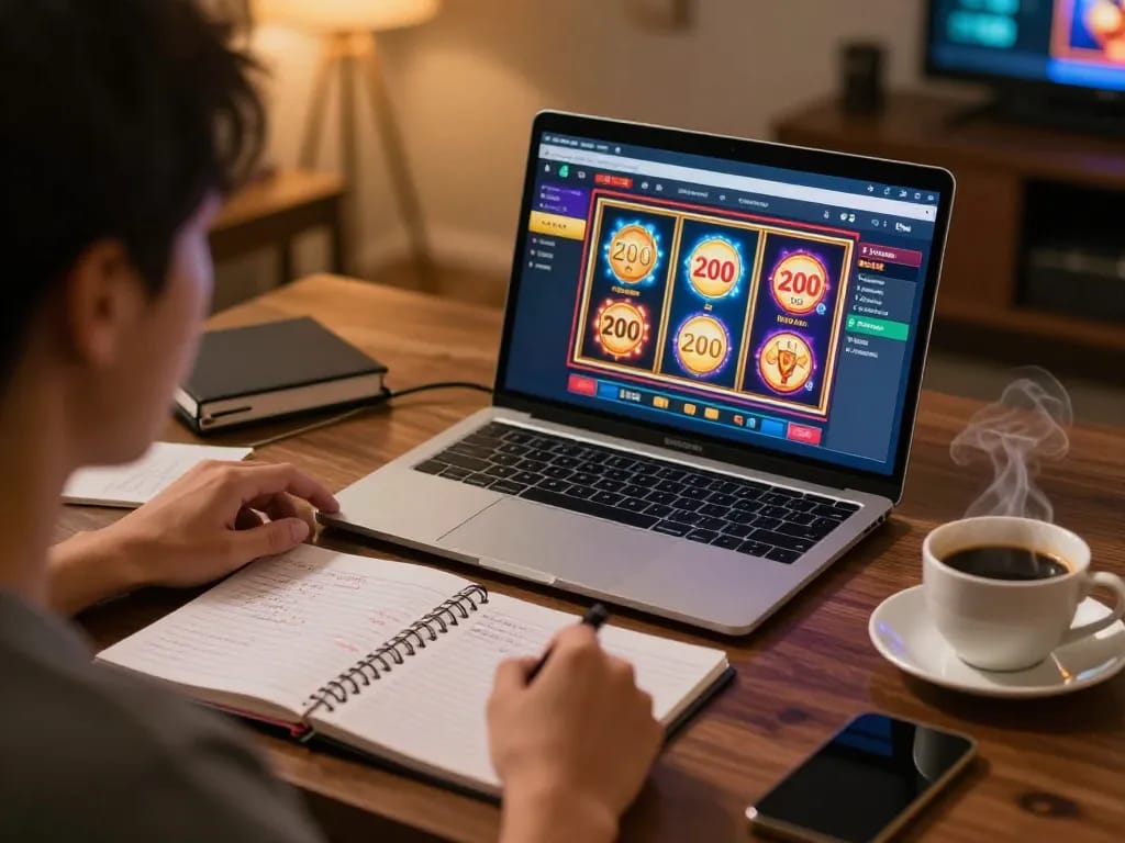 Engaging in online slot bet 200 perak with a laptop, strategy notes, and coffee.
