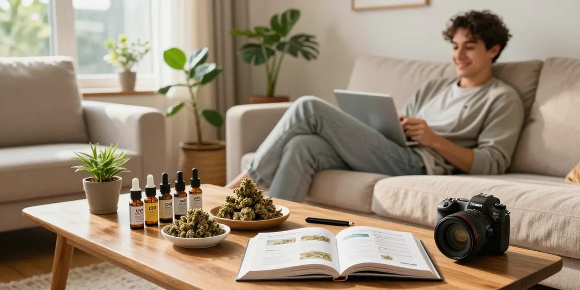 Engaging scene with THC flowers and CBD oils showcasing natural wellness options for relaxation and self-care.