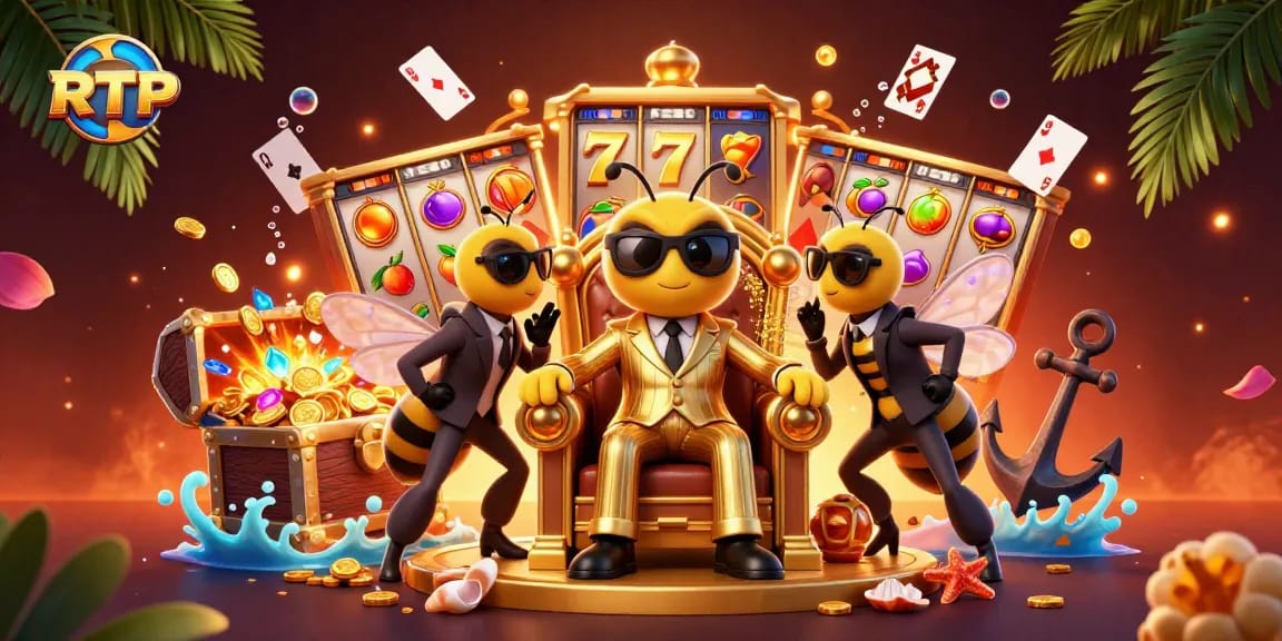 Experience RTP slots with a buzzing bumblebee boss amidst treasures and playing cards.