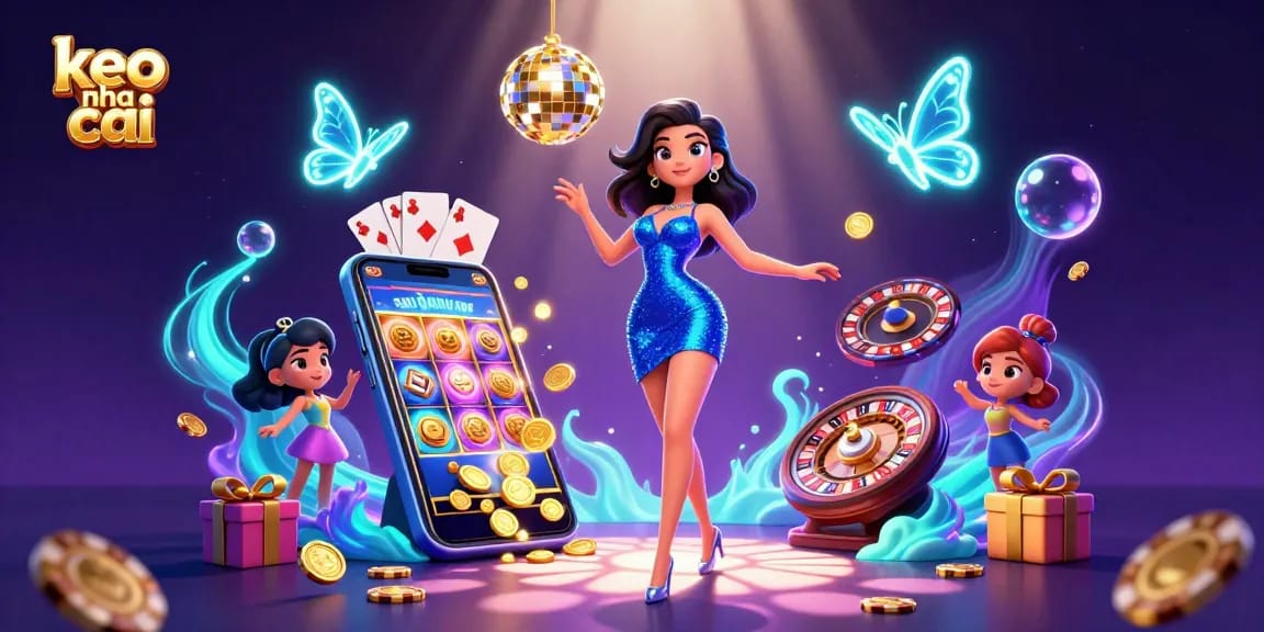 Bet on keo nha cai while enjoying vibrant 3D casino art featuring a glamorous woman and slot games.