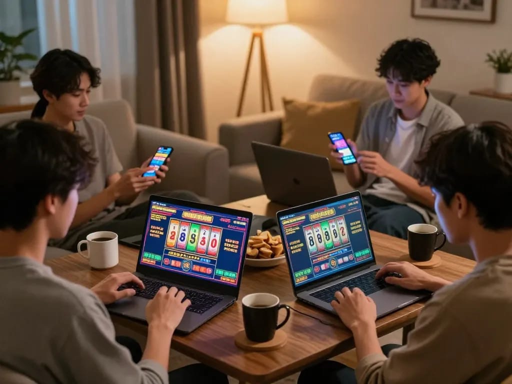 Engaged players using situs slot gacor for thrilling online gameplay in a cozy home setting.