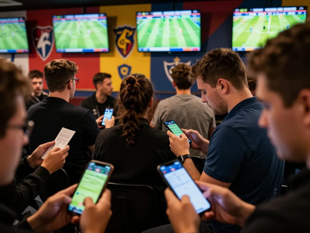Fans engaging in live sports betting on nowgoals platform, excitedly checking odds