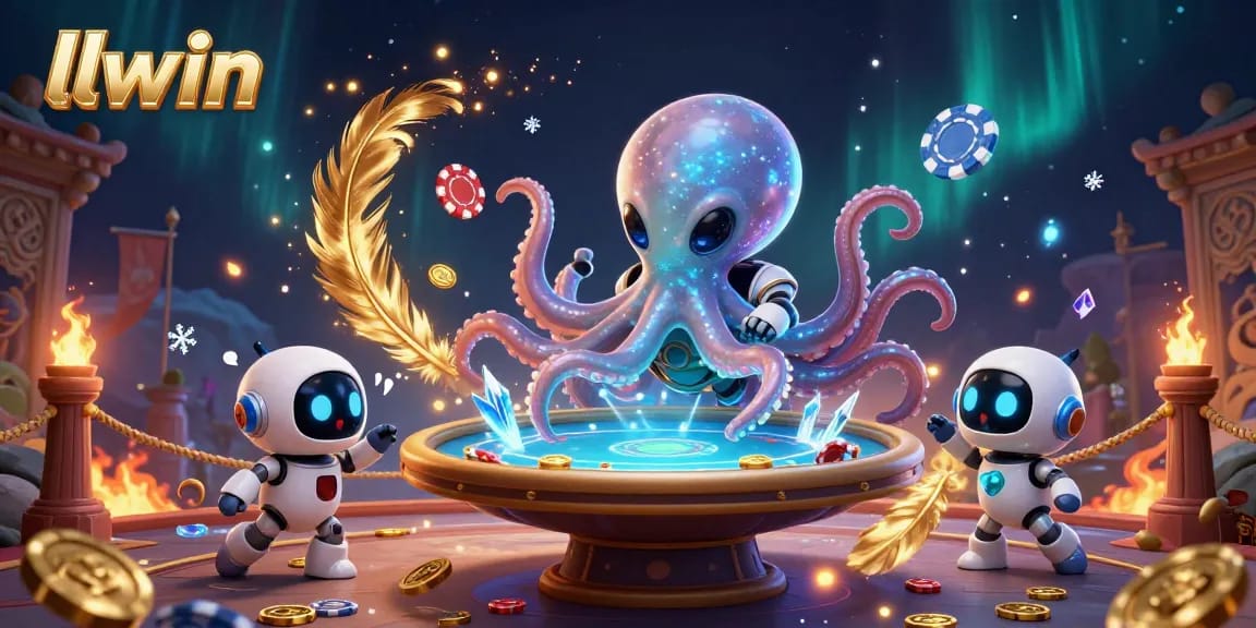 llwin engages players with a vibrant holographic poker scene featuring an alien octopus and robot companion.