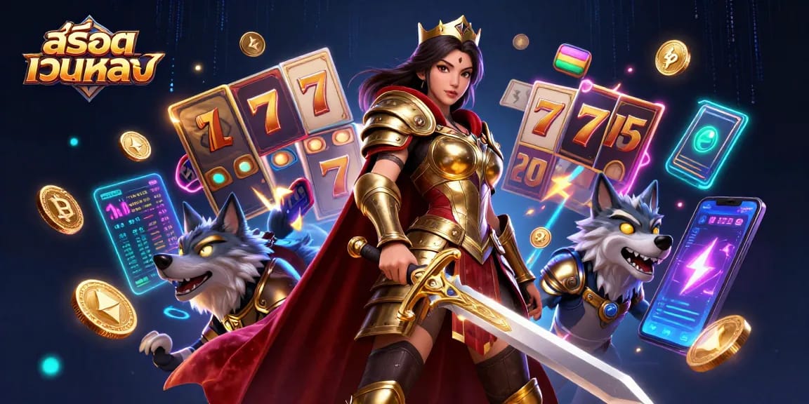 Spin and win with สล็อตเว็บตรง featuring a warrior queen and glowing elements in a vibrant casino scene.
