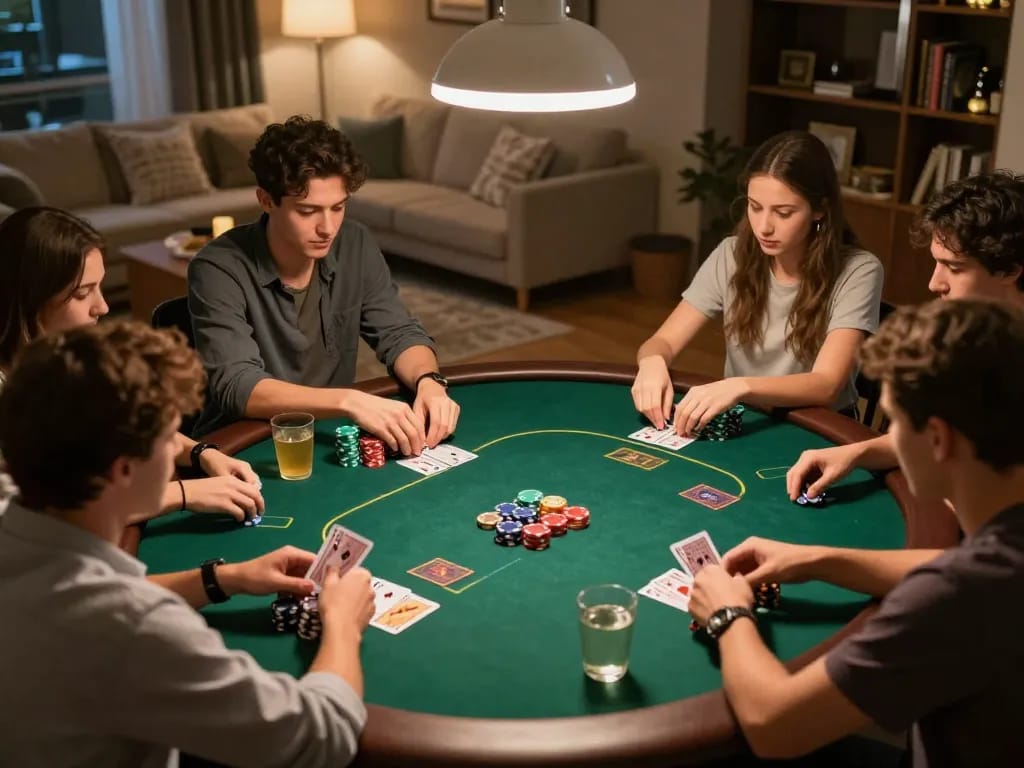 Friends enjoying a friendly poker game at home while using keonhacai strategies for winning hands.