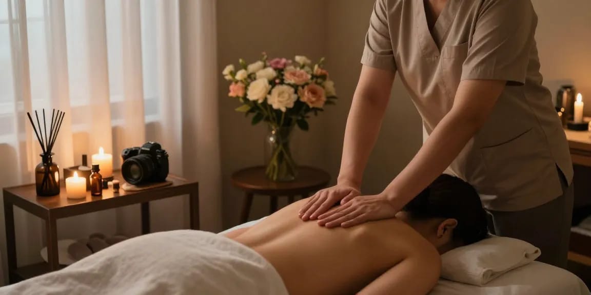 Relaxing therapy session showcasing 구로마사지 elements, tranquil atmosphere with essential oils and candles.