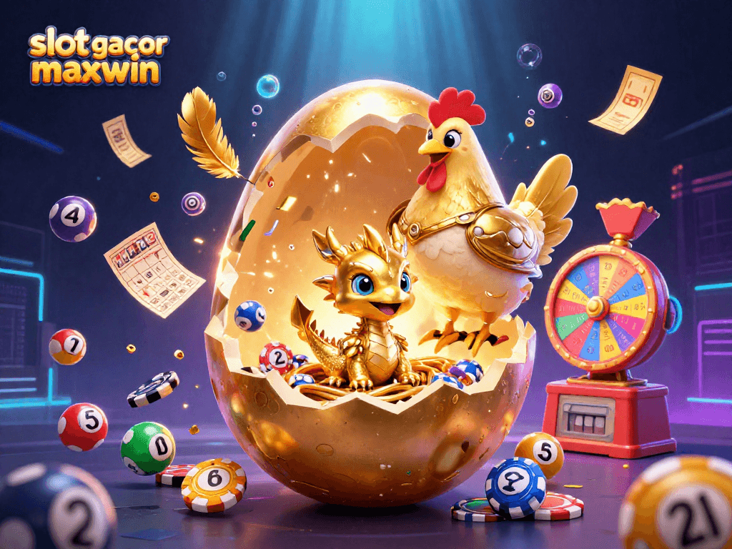 Engage with slot gacor maxwin as a golden dragon and mother hen showcase a vibrant gaming scene.