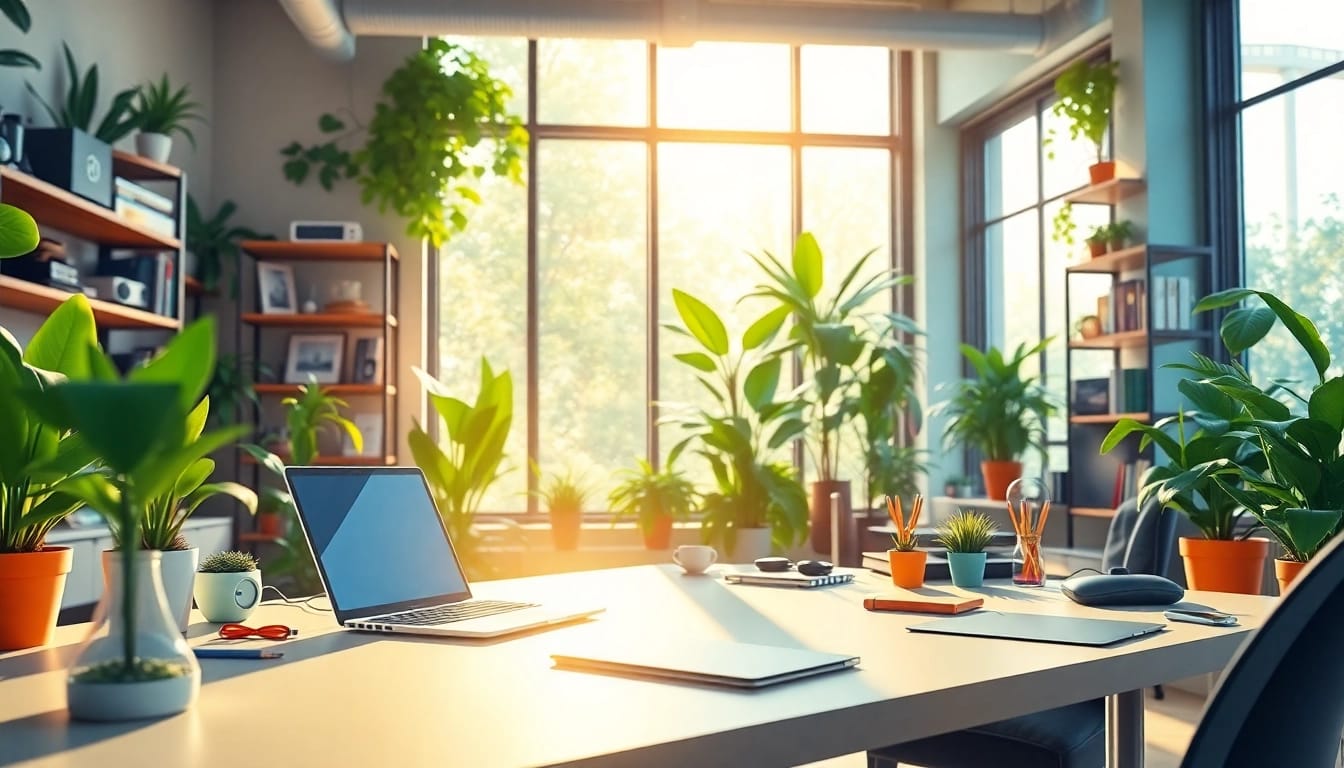 Showcase of geekthc technology in a vibrant workspace with innovative gadgets and plants.
