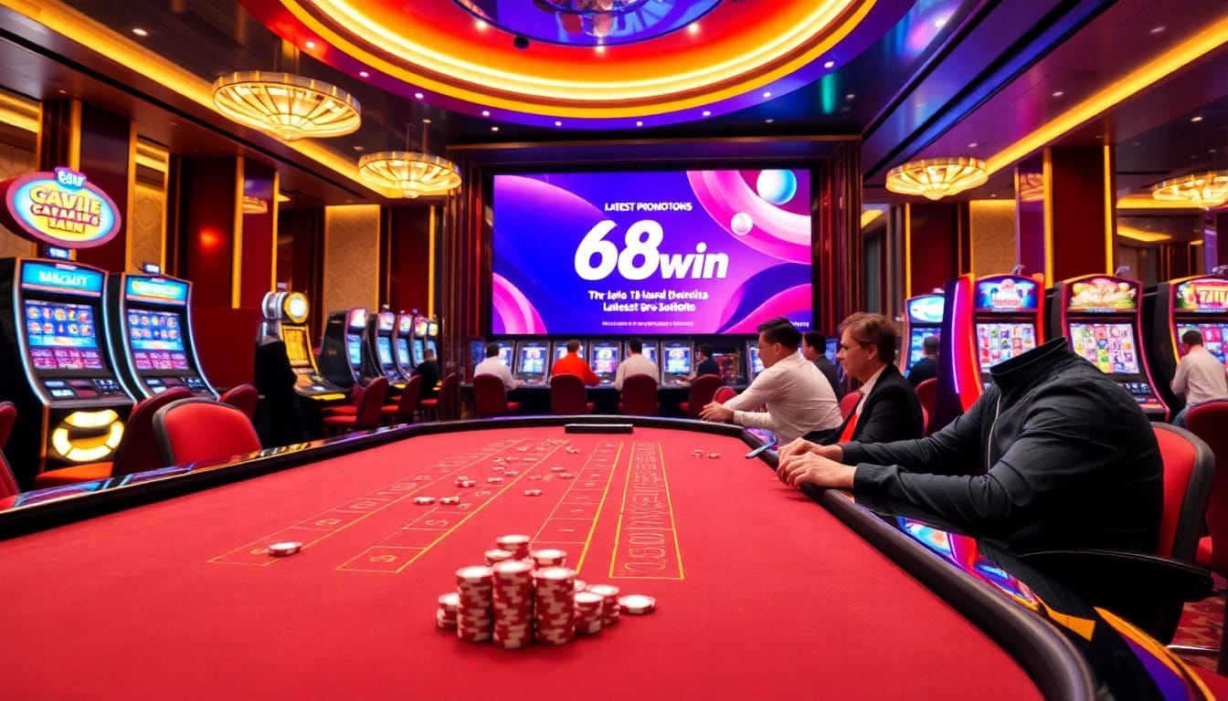 Experience thrilling baccarat action at 68win casino with vibrant slot machines and poker chips.