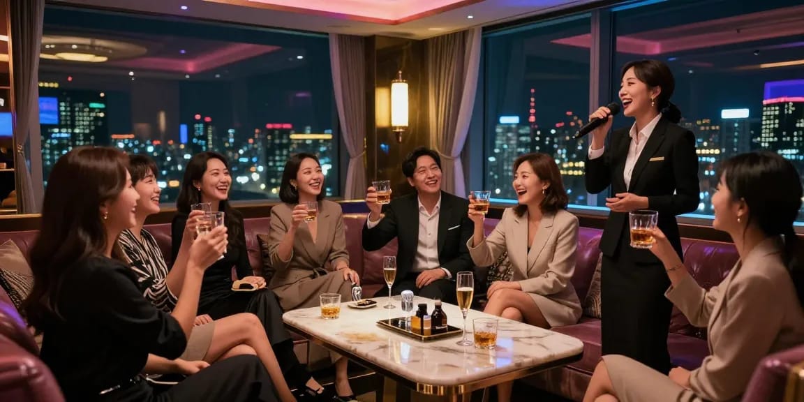 Luxurious night atmosphere at 강남 가라오케 with patrons enjoying private rooms and drinks.