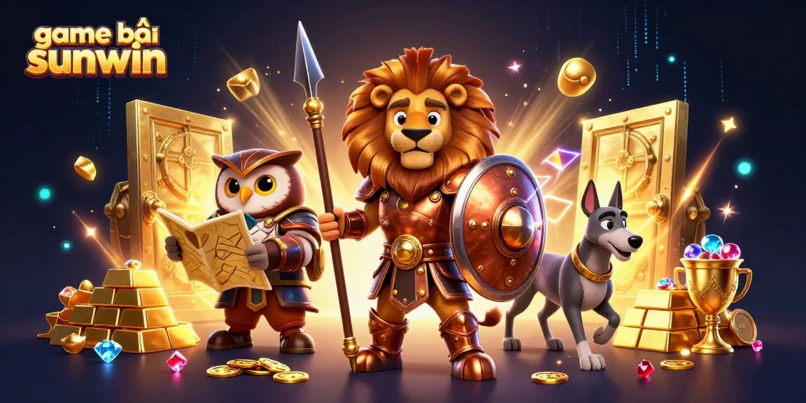 Engage with game bài sunwin in an ultra-detailed 3D scene featuring majestic characters and vibrant gold treasures.