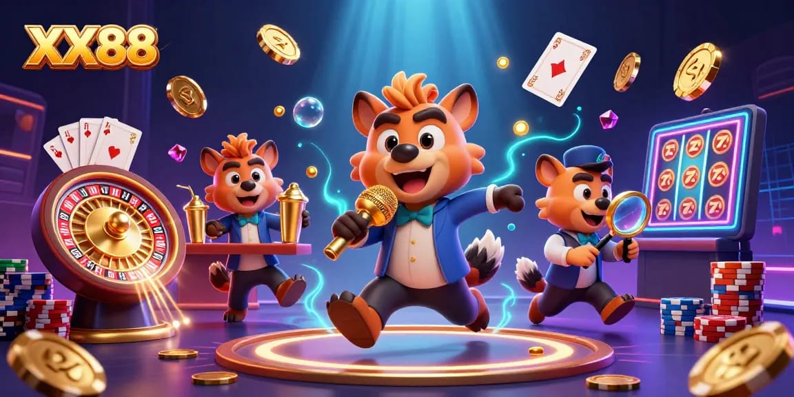 Immerse in the vibrant comedy casino scene of XX88 with hyenas, coins, and game elements.