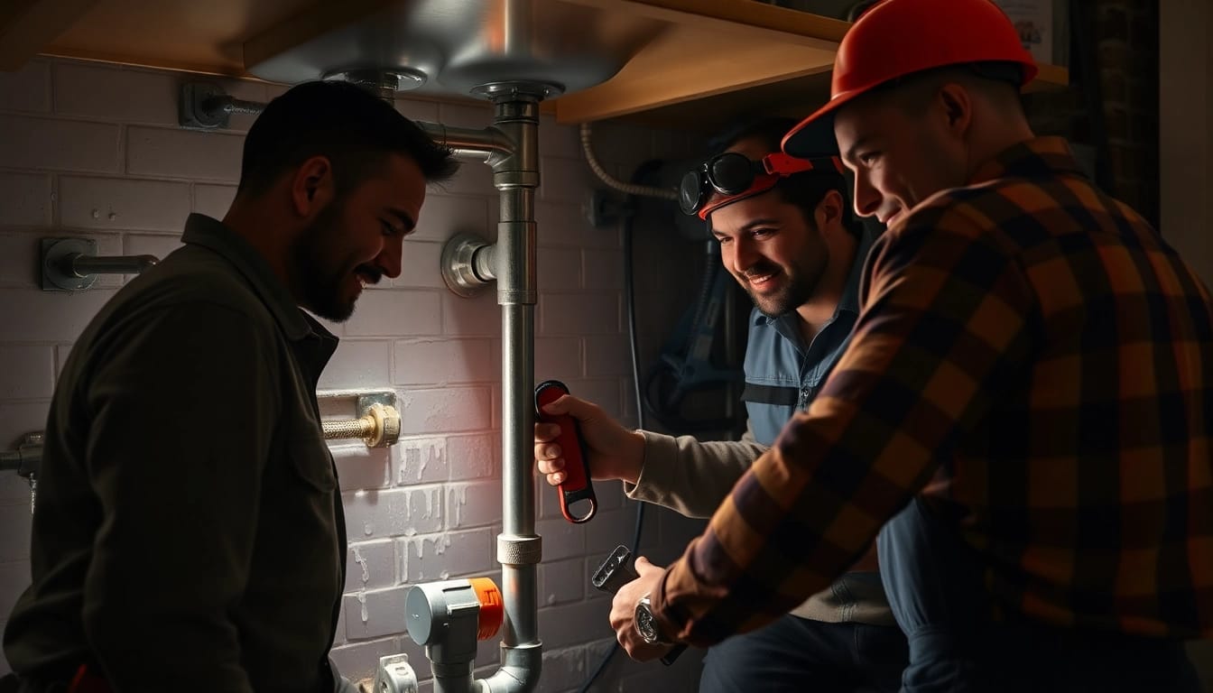NYC emergency plumber & sewer team fixing a burst pipe in a home, showcasing professionalism and urgency.