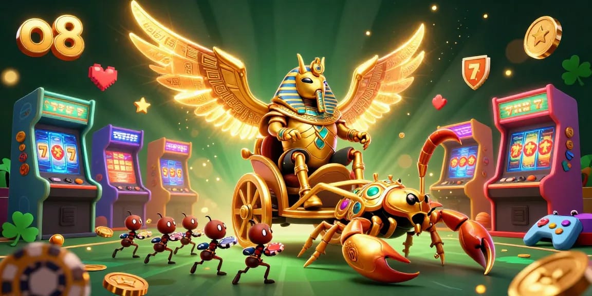 o8 offers a vibrant casino scene showcasing a golden scarab riding a chariot, reflecting thrilling gaming action.