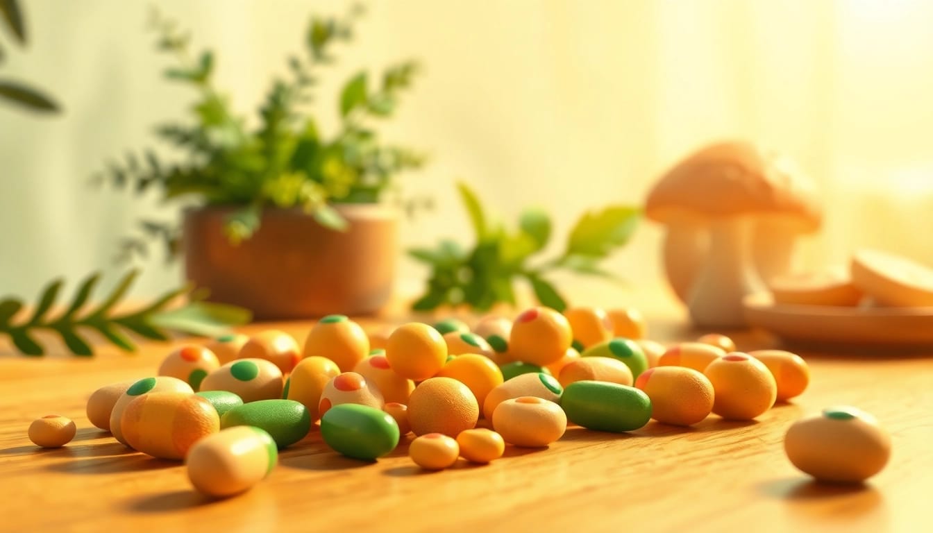 Focus on silly dots mushroom pills arranged artistically on a vibrant table.