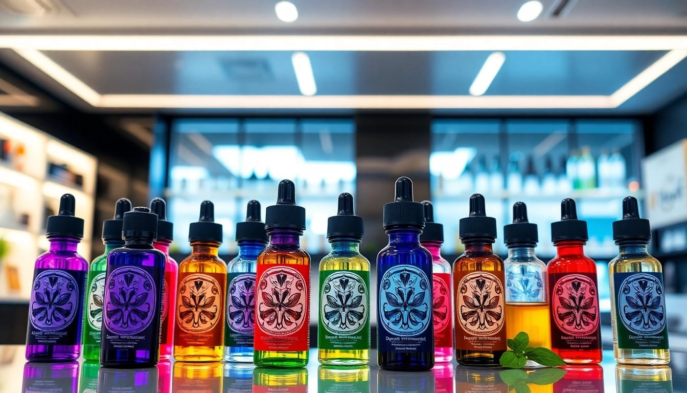 Showcasing Vape & E-Liquids in an upscale boutique highlighting vibrant flavors.
