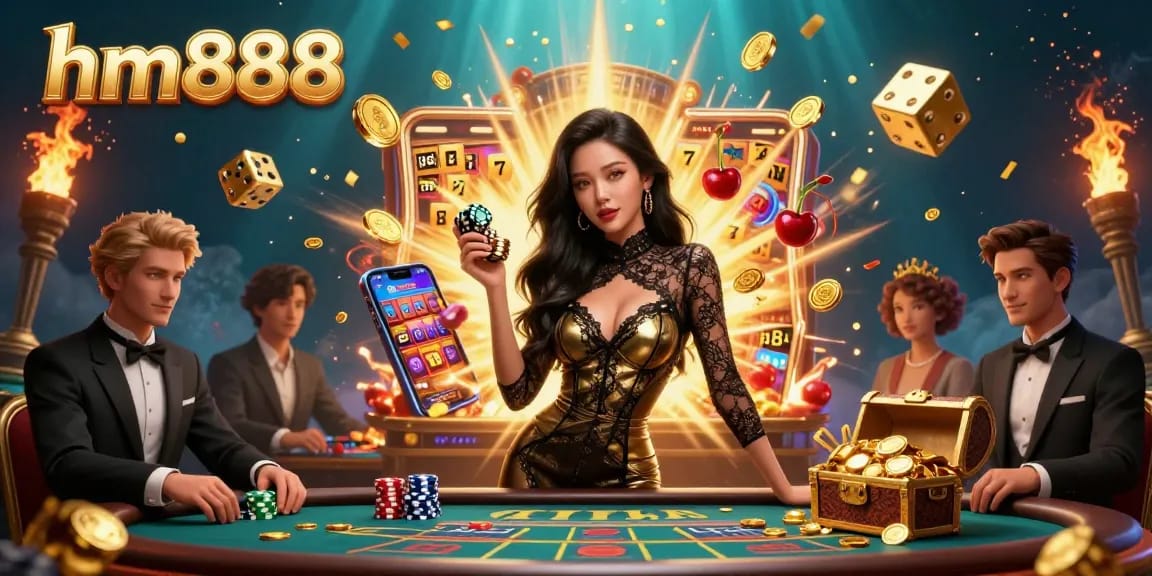 Experience the excitement of hm888 with high-stakes baccarat and vibrant casino elements in a dazzling 3D illustration.