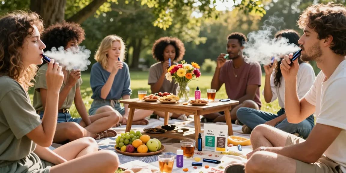 Engaging outdoor scene featuring friends enjoying disposable THC vape UK products amidst a vibrant natural setting, emphasizing organic wellness and community.