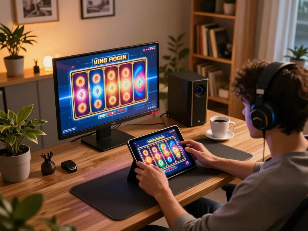 Player enjoying 99win slot game on a tablet in a cozy home office setting