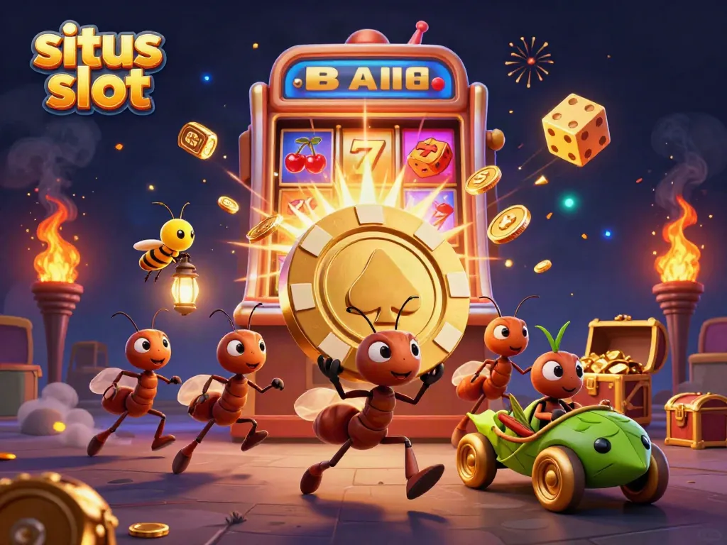 Tim semut 3D mencuri chip poker emas di situs slot yang penuh simbol keberuntungan dan kekayaan.