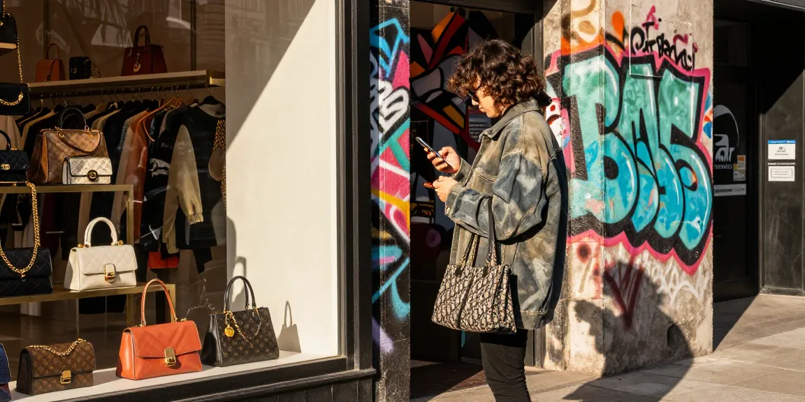 Fashionable person exploring luxury options at a 레플리카 사이트 boutique in a vibrant urban setting.
