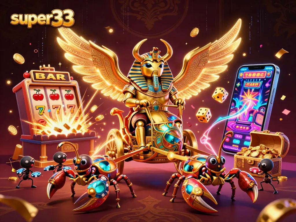 Experience thrilling casino gameplay with super33 featuring a stunning illustration of golden beetles and poker chips.