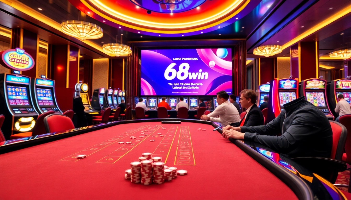 Experience thrilling baccarat action at 68win casino with vibrant slot machines and poker chips.