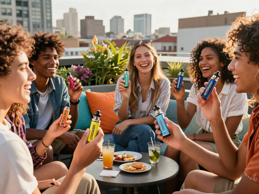 Friends enjoying sativa Packwoods vape pens on a sunny rooftop terrace.