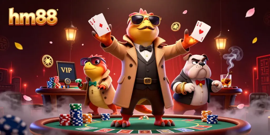 Experience thrilling gameplay at hm88 with cartoon characters attempting a sneak entry into a casino.