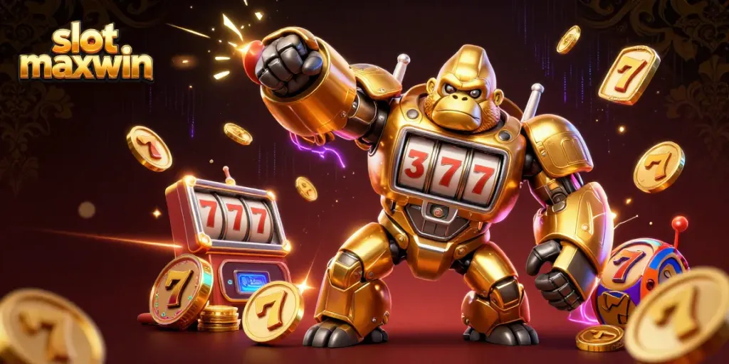Experience the excitement of slot maxwin with a dynamic gorilla mech surrounded by iconic slot elements.