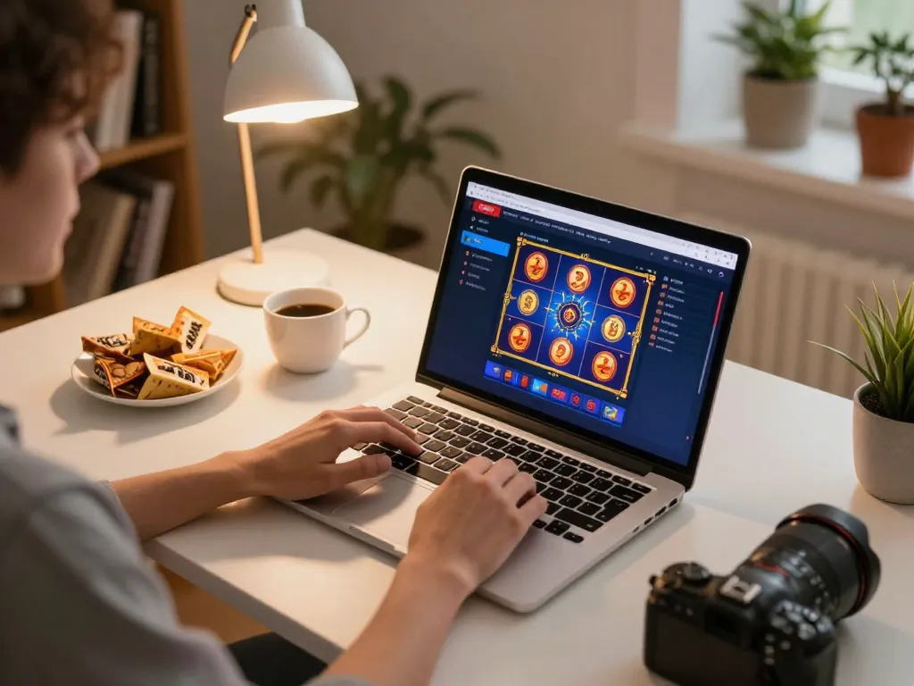 Person playing USBET online slots on a laptop, showcasing a cozy gaming setup at home.