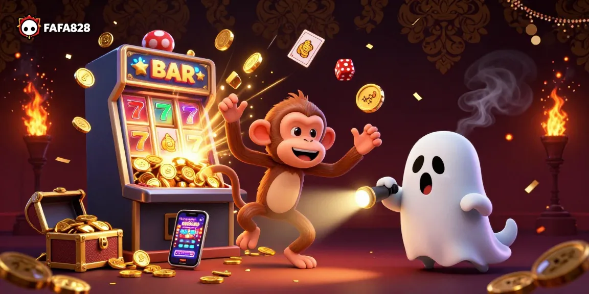 Engage with FAFA828's vibrant gaming universe as a mischievous monkey juggles coins around a bustling casino scene.