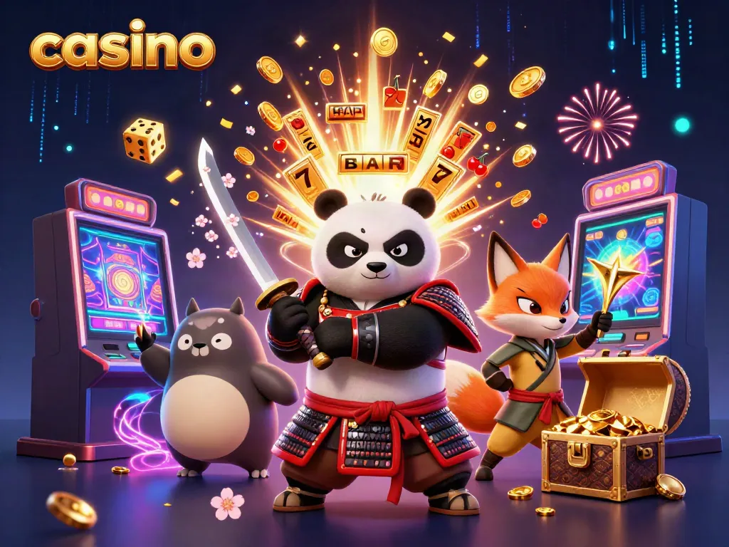 Experience thrilling casino gameplay with a samurai panda and ninja fox in an explosion of riches and game symbols.