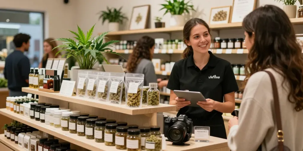 Customers engaging with staff about buy live resin Canada products in a modern dispensary.